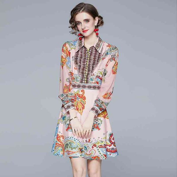 

banulin autumn fashion runway holiday shirt dress women's long sleeve turn down neck elegant chic floral print short 210603, Black;gray