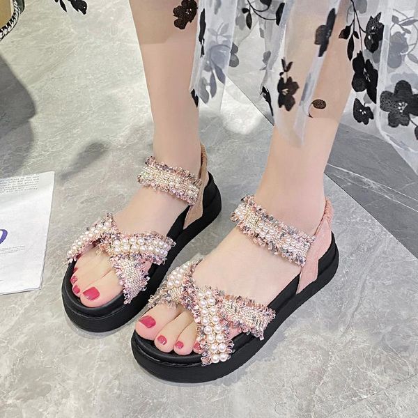 

sandals pearl 2021 summer sale women's shoes transparent high heels espadrilles platform buckle, Black