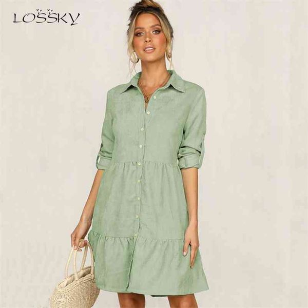 

lossky shirt dress long sleeve women autumn office work dress chic button white black ladies slim midi dresses clothes 210409, Black;gray