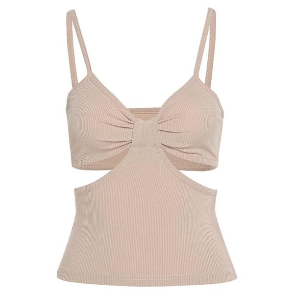 

women's tanks & camis women summer spaghetti strap crop tank deep v-neck ruched knot front camisole ribbed knitted cutout waist sol, White