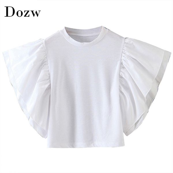 Mode Frauen Weiße Bluse Shirts Damen Stilvolle Rüschen Hemd Tunika O Hals Feste Beiläufige Tops Blusen Blusas Mujer De Moda 210414