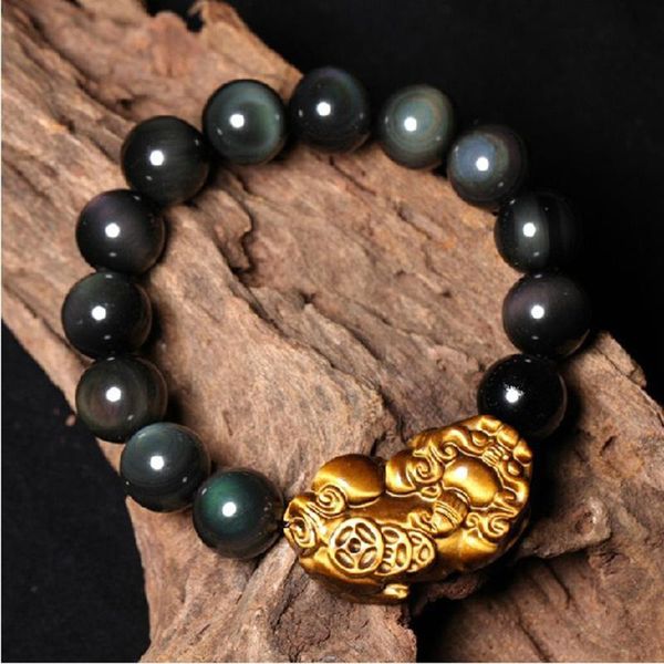 

beaded, strands joursneige natural obsidian stone bracelets round beads with yellow tiger eyes pi xiu lucky for men women bracelet jewelry, Black