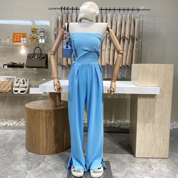 

women's t-shirt brand original design 2021 fashion alphabetic print slim strapless + high waist loose slit pants suit, White