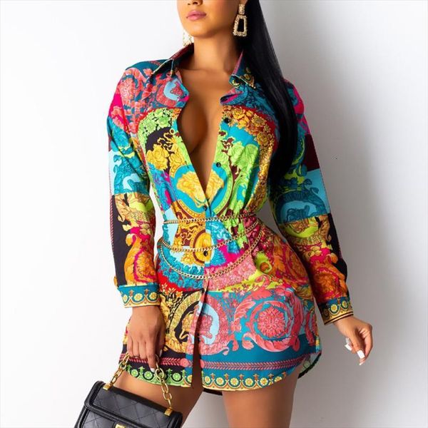 

chain print shirt dress women camis summer long sleeve mini streetwear plus size loose blouse vestido, White