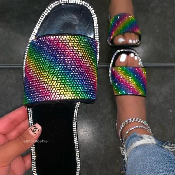 

women's shoes brand summer sandals open toe flat slippers beach outdoor fashion rhinestone large size 43, Black
