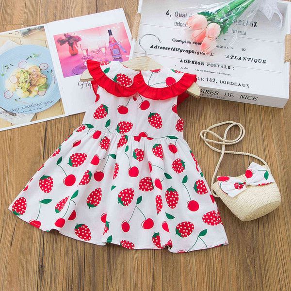 Vestito da bambina con stampa di fragole a maniche corte Vestito da bambino per bambini Neonate Vestito con stampa di fragole casual Set di borse da principessa Q0716