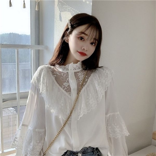 

autumn korean sweet loose clothes up ruffled blouses fashion stand collat ladies vintage lace shirts women 11335, White