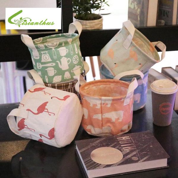 

storage bags 18*17cm home baskets box colorful cartoon printed cotton linen handle desk debris basket for toy jewelry