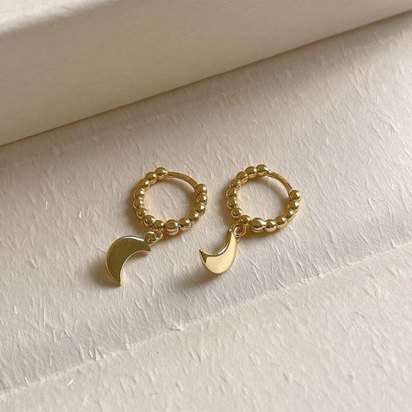 

hoop & huggie real 925 sterling silver small tiny bead earrings with charm women teen girls crescent moon cute earings fashion jewelry, Golden;silver