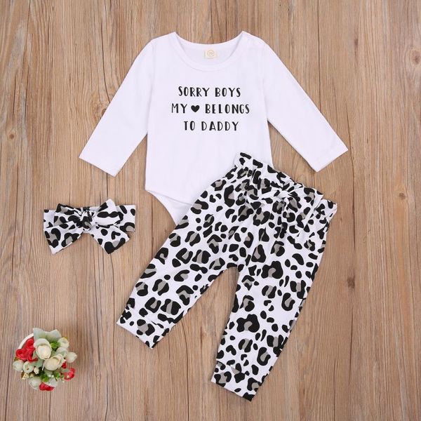 

clothing sets infant born baby girl 3pcs set clothes long sleeve letter print bodysuits leopard pants headband valentine day spring autumn, White