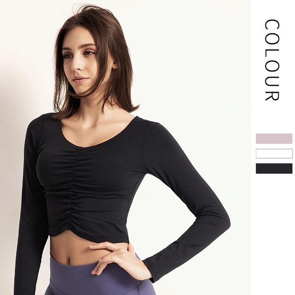 

yoga outfits autumn & winter round neck shirts with chest cushion tight navel exposed running fitness long sleeve for women, White;red