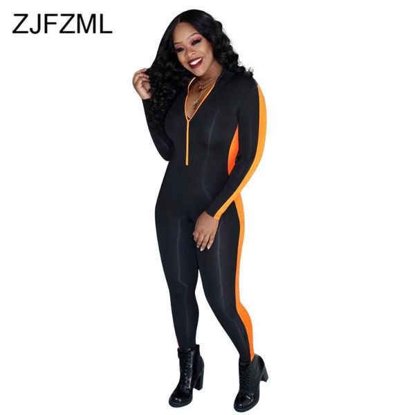 

women's jumpsuits & rompers contrast color skinny women jumpsuit activewear deep v neck full sleeve one piece overall casual zipper bod, Black;white