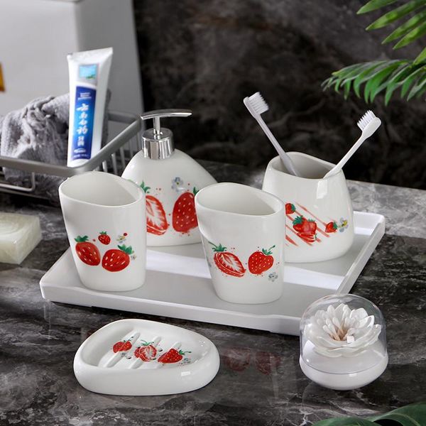

bath accessory set melamine tray bathroom toiletries ceramic seven-pieces strawberry pattern accessories kit toothbrush holder
