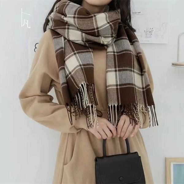 

autumn winter imitation cashmere plaid shawl japan and south korea simple tassel brushed long warm scarf, Blue;gray