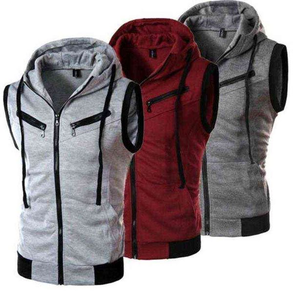 Erkekler Sonbahar Kolsuz Zip Yelek Hoodie Spor Egzersiz Kas Tank Tops Bluz Gömlek Katı Ropa Hombre Rahat Spor 211106