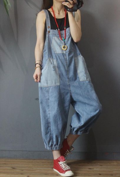 

summer loose bleached patchwork denim women rompers overalls vintage, Black;white