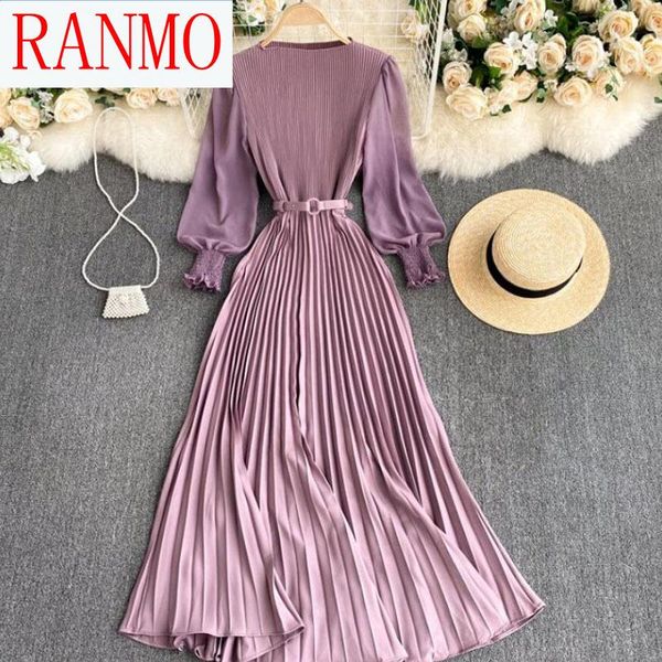 

elegant dress women o-neck slim high waist solid purple pleated long 2021 fashion spring sleeve vintage party casual dresses, Black;gray