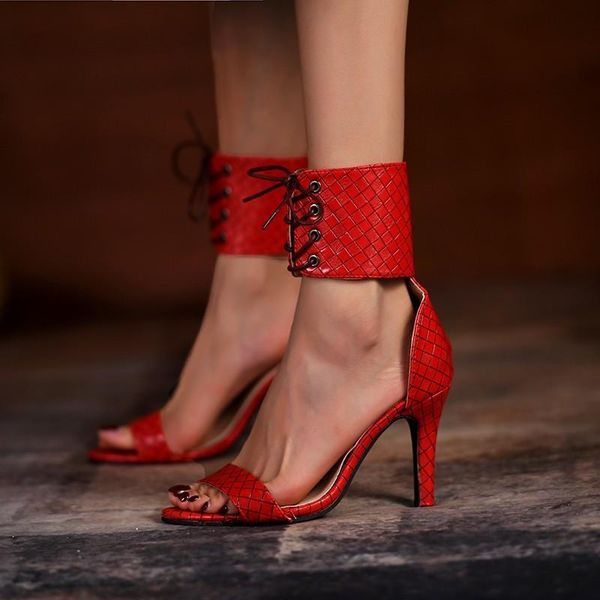 

sandals 2021summer women black pu leather t-strap lace up stiletto high heeled shoes lady leopard grain