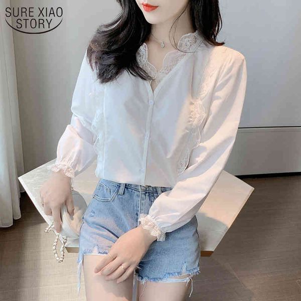 

autumn white lace v-neck woman's blouses shirt women long sleeve single-breasted fashion feminine blusas 10845 210508