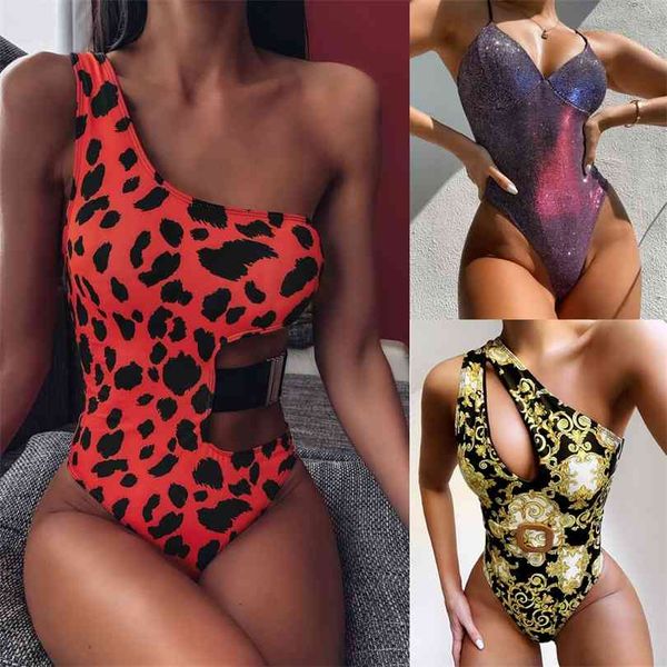 

high waist women swimwear swimsuit female v-neck bodysuit leopard bathing suit print bather beachwear cut 210728, White;black