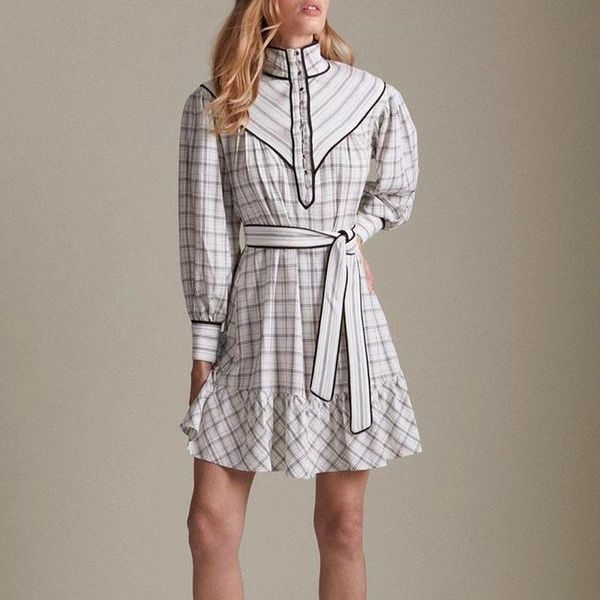 

casual dresses edglulu luxury designer clothing women stand-up collar long sleeves dress high waist lace-up bow white plaid 1020, Black;gray