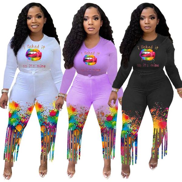 

women's tracksuits chaxiaohei 2021 european and american fashion casual lip splash printing two-piece set, Gray