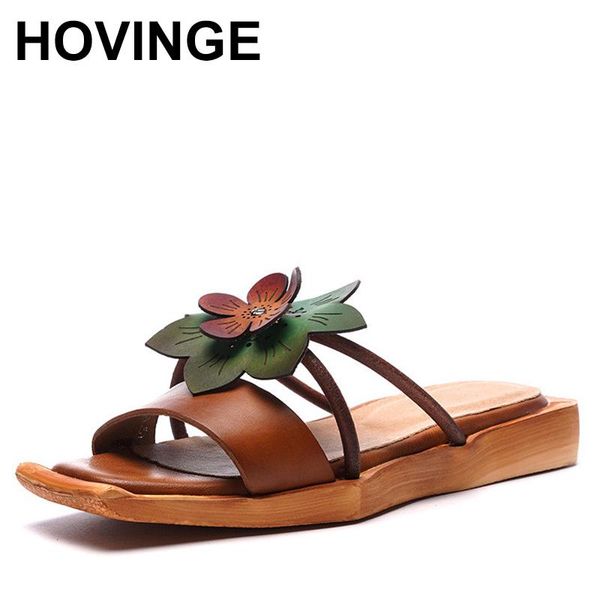 

slippers hovinge 2021summer genuine leather flat shoes women retro flowers comfortable personality casual sandals handmade, Black