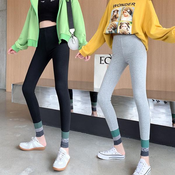 

women's leggings spring autumn style splicing beam foot high waist large size gray women sport waichuan fashion, Black