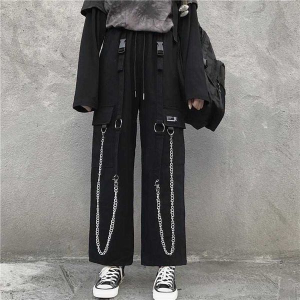 QWEEK Gothic Harajuku Cargo Pants Donna Punk Chain Pantaloni larghi Pantaloni stile coreano Oversize Streetwear Pantaloni donna Techwear Emo 211006