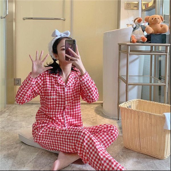 

pajamas sets plaid long sleeve womens sleepwears turn down collar pyjama nightwear casual homewear pants pijama, Black;red