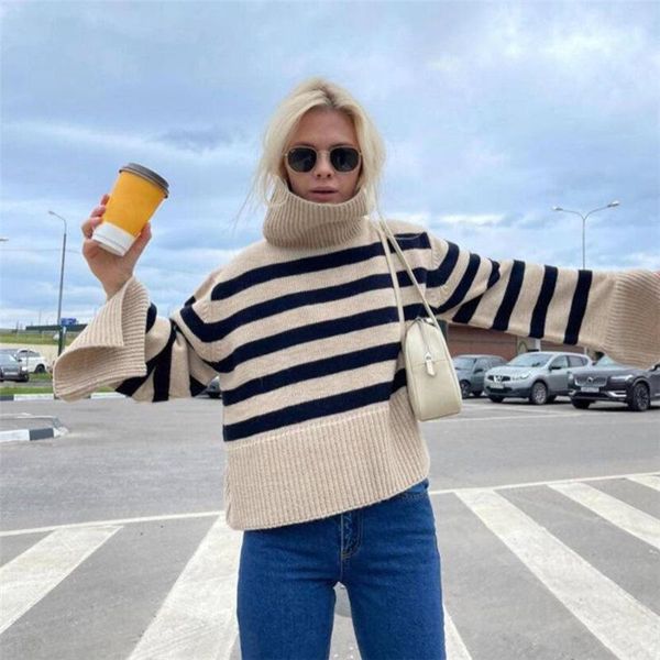 

women's sweaters high neck women oversized long sleeve stripe pullover winter 2021 fashion vintage jumpers streetwear, White;black