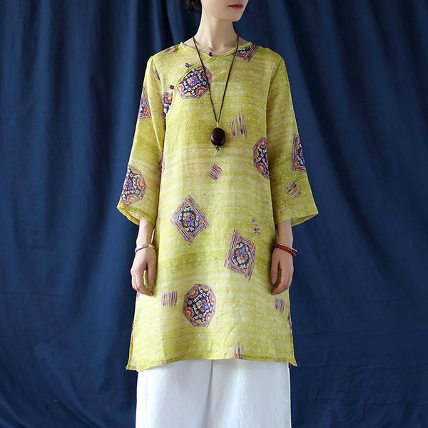 

women's blouses & shirts johnature women vintage ramie print floral v-neck seven sleeve 2021 autumn female casual, White