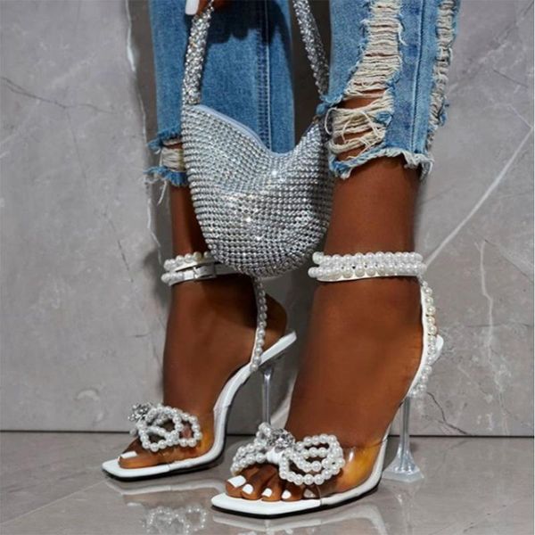 

women's bowtie sandals woman string bead ankle buckle shoes female square toe ladies transparent high heels women pearl pumps, Black