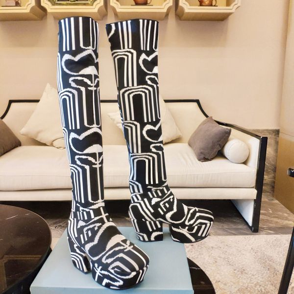 

2021 women jacquard knit platform knee boots fashion woman woolen water platforms boot r ladies thick rubber sole winter booted, Black