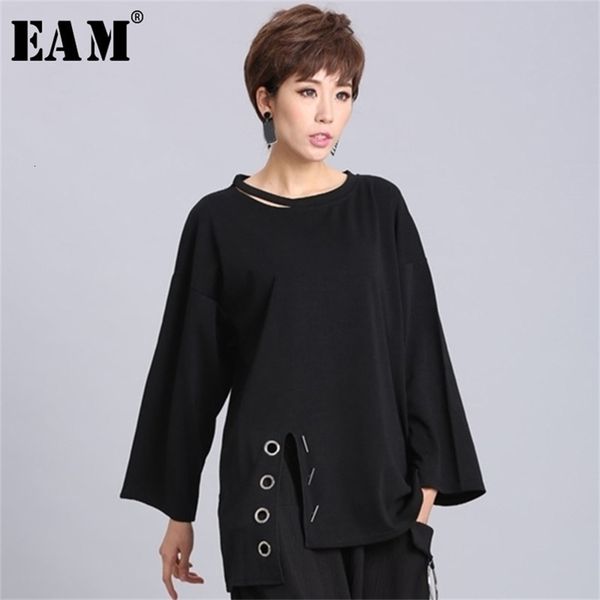 

[eam] new spring summer black full sleeve o collar split pullover personality women fashion tide loose casual t-shirt oa881 210406, White