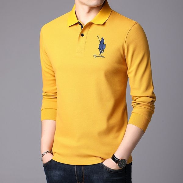 

long sleeve t- pure cotton paul solid color lapel embroidered men's clothing spring youth trend backing polo shirt, Black