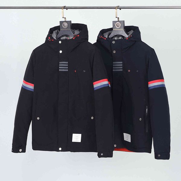 

design clothing 2021 winter new red white blue stripe sports leisure hooded down jacket, Black