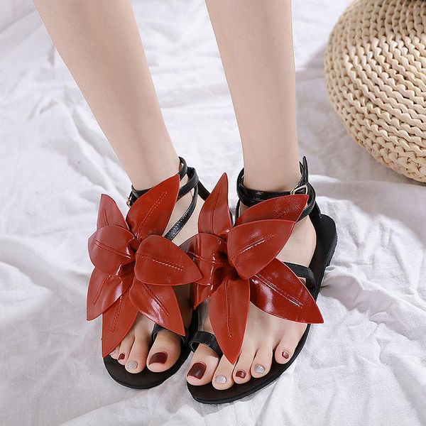 

sandals women flats buckle clip toe 2021 casual big flowers summer student fashion flat shoes woman sandalias mujer, Black