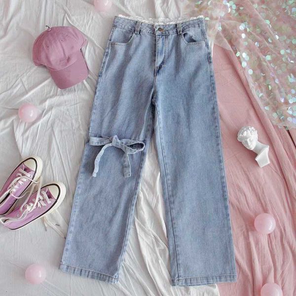

women's pants & capris vintage high waist jeans women denim korean casual harajuku streetwear kawaii lace bow straight leg trouser, Black;white