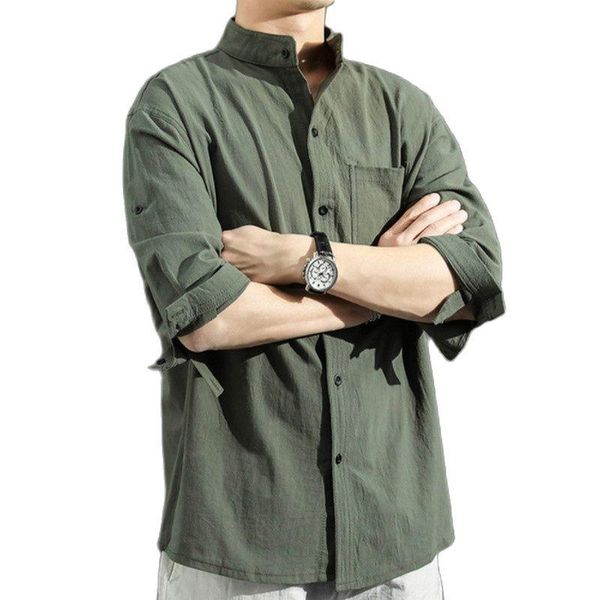 

men's casual shirts solid colors long sleeve chinese style wear stand collar loose cotton white black shirt short 5xl