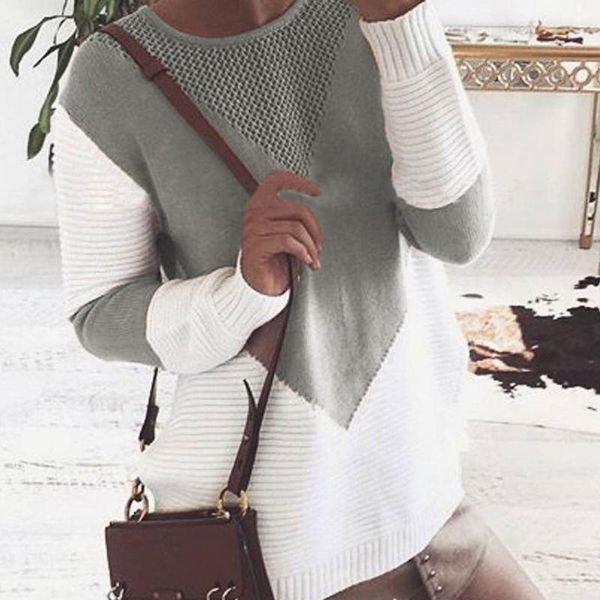 

women's sweaters women long sleeves round neck pullover splicing hit color sweater hollow split fork loose ladies fall winter, White;black