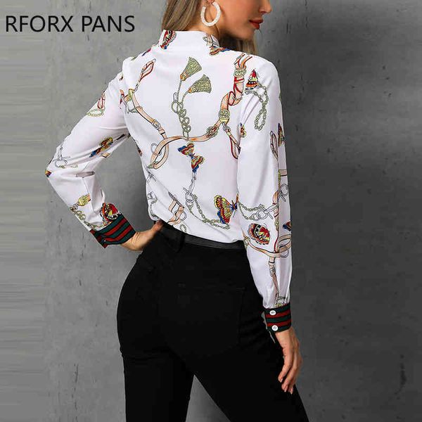 

chain print tied neck casual blouse shirt women, White
