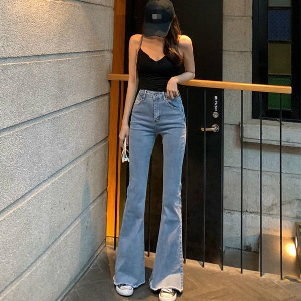 

2011WQJGR Spring and Summer 2021 Elastic High Waisted Jeans Women Flare Pants Full Length Mom Jeans Blue and Black Pants Women