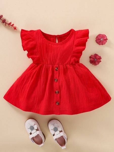 

baby ruffle trim button front keyhole back dress she, Red;yellow