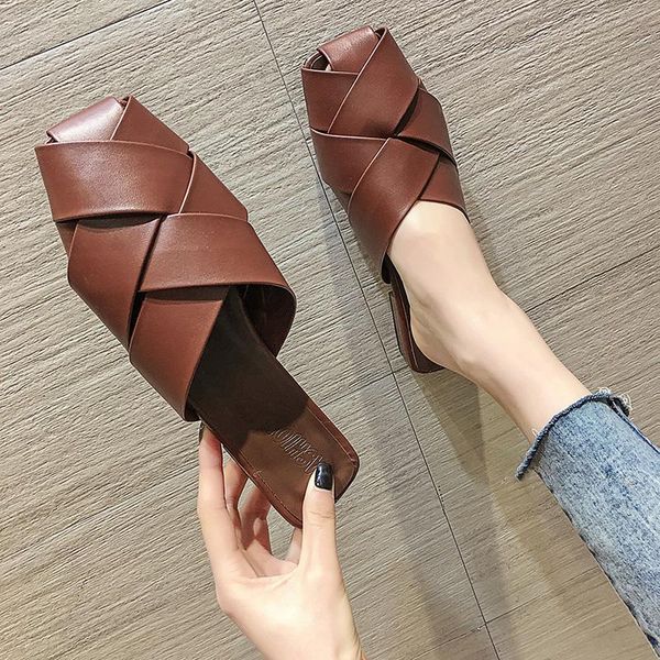

slippers ins women summer knitted leather ladies mules low square heel toe sandals outside slides beach sand drags shoes, Black