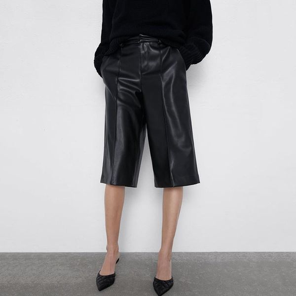 

women's shorts 2021 spring fashion pu leather women high waist straight loose ankle length, White;black