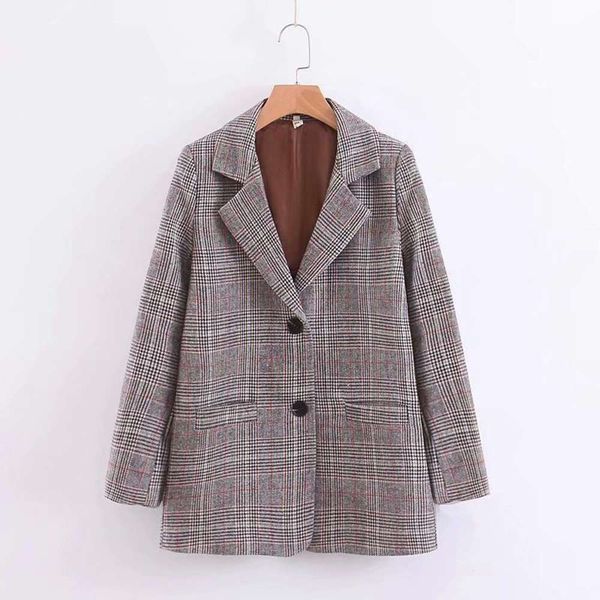 

autumn street suit collar long single breasted medium plaid loose coat, Black;brown