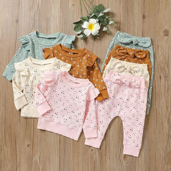 

kids clothing sets girls flower print outfits children flying sleeve pullover +floral bow pants 2pcs/set spring autumn fashion baby clothes, White