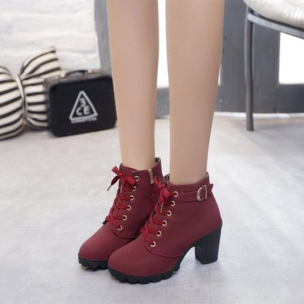 

boots women ankle autumn shoes high heels 8 cm lace-up zipper botas de mujer plus size 42 nvx254, Black