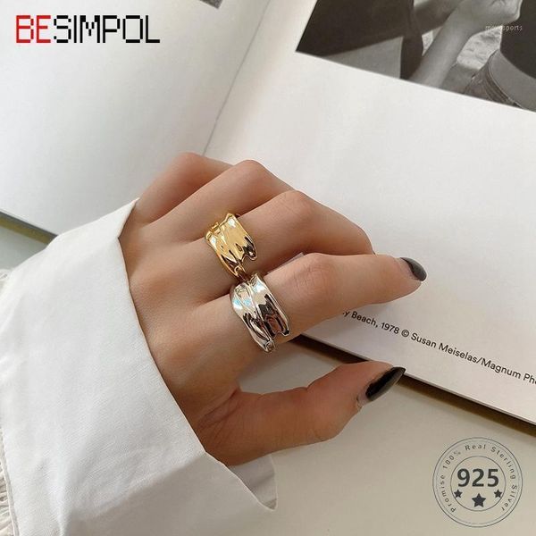 

cluster rings besimpol 925 sterling silver ring unique irregular fluid broken adjustable open for women fine jewelry engaged gifts1, Golden;silver